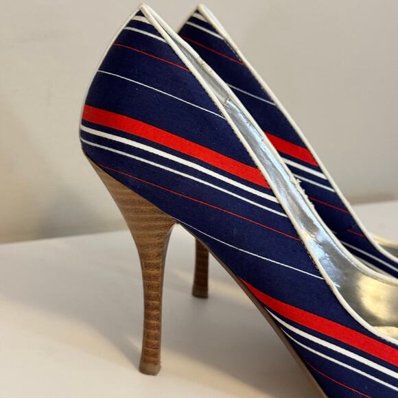 Dune Pump Heel Womens 8.5 Blue Striped Stiletto Slip On Retro Nautical Preppy - Picture 2 of 8